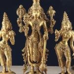 Brass Lord Vishnu with Bhudevi & Sridevi | 13" x 5.8" x 3.9" (33 x 14.7 x 9.9 cm) | 6.9 kg Sacred Art | Divine Trinity Murti